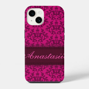 Coque Pour iPhone 14 Damassé botanique rose foncé nom
