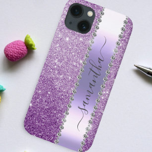 Coque Pour iPhone 14 Diamond Bling Glitter Calligraphy Name Purple 