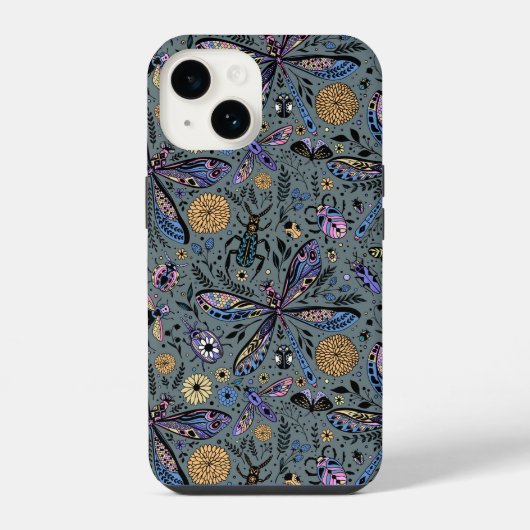 Coque Pour iPhone 14 Doodle bugs sur gris ardoise (Verso)