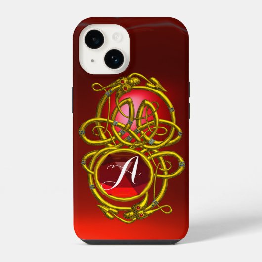 Coque Pour iPhone 14 DRAGONS HYPER, COGNONS CELTIQUES D'OR Monogramme d (Verso)