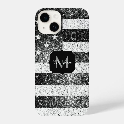 Coque Pour iPhone 14 Drapeau américain noir blanc brillant argent Monog (Verso)