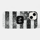 Coque Pour iPhone 14 Drapeau américain noir blanc brillant argent Monog (Verso Horizontal)