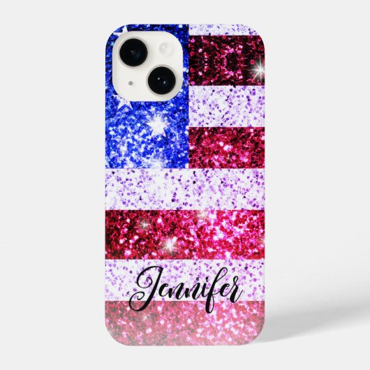 Coque Pour iPhone 14 Drapeau USA Pink blue America faux sparkle Votre n (Verso)