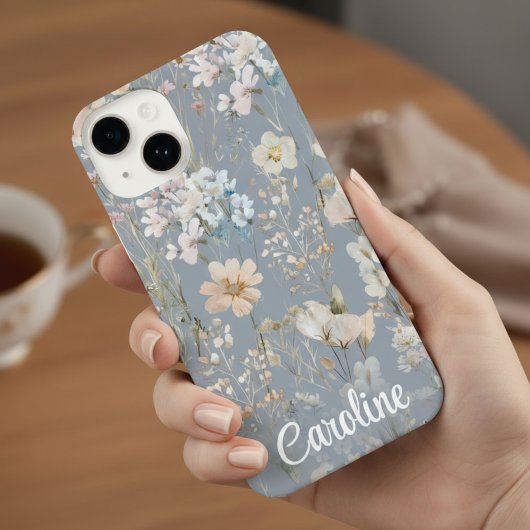 Coque Pour iPhone 14 Dusty Blue Floral Personalized 