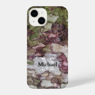 Coque Pour iPhone 14 Écorce en bois de camouflage gris vert Monogramme