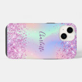 Coque Pour iPhone 14 Écriture de nom holographique rose violet (Verso Horizontal)
