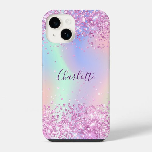 Coque Pour iPhone 14 Écriture de nom holographique rose violet (Verso)