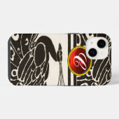 COQUE POUR iPhone 14 ÉLÉGANT BLACK BLACK PEACOCK RED RUBY GEM MONOGRAM (Verso Horizontal)