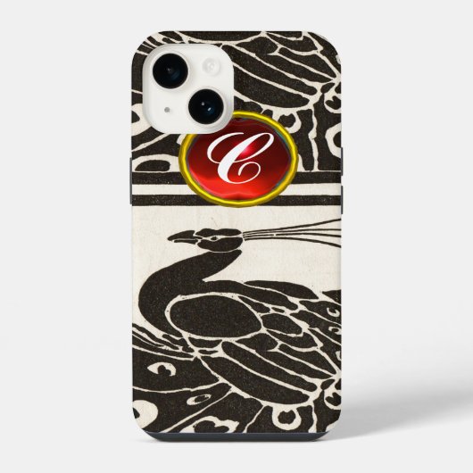 COQUE POUR iPhone 14 ÉLÉGANT BLACK BLACK PEACOCK RED RUBY GEM MONOGRAM (Verso)