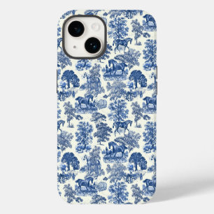 Coque Pour iPhone 14 Élégant Chic Vintage Bleu Toile de Cheval