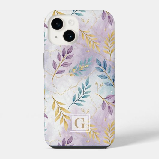 Coque Pour iPhone 14 Elegant Gold Botanical Marble Mongram (Verso)