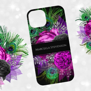 Coque Pour iPhone 14 Élégant Monogramme Floral Peacock Parties scintill