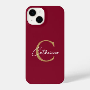 Coque Pour iPhone 14 Élégant monogramme minimaliste Bourgogne et or