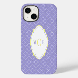 Coque Pour iPhone 14 Élégant motif de damas bleu jaune monogramme franç