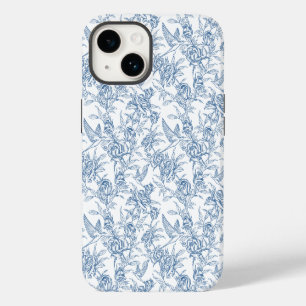 Coque Pour iPhone 14 Élégant motif floral Toile de Jouy bleue française