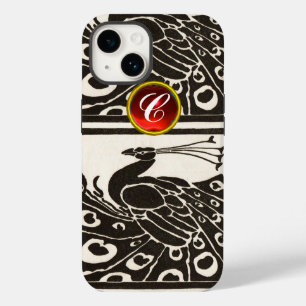 COQUE POUR iPhone 14 ÉLÉGANT PAON BLANC NOIR RUBIS ROUGE GEMME MONOGRAM