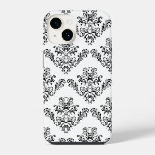 Coque Pour iPhone 14 Élégant vintage noir damas blanc