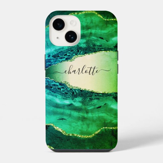 Coque Pour iPhone 14 Emerald green agate marble name script (Verso)