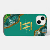 Coque Pour iPhone 14 Emerald Green & Gold Agate Géode Monogramme (Verso Horizontal)