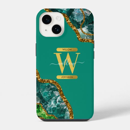 Coque Pour iPhone 14 Emerald Green & Gold Agate Géode Monogramme (Verso)