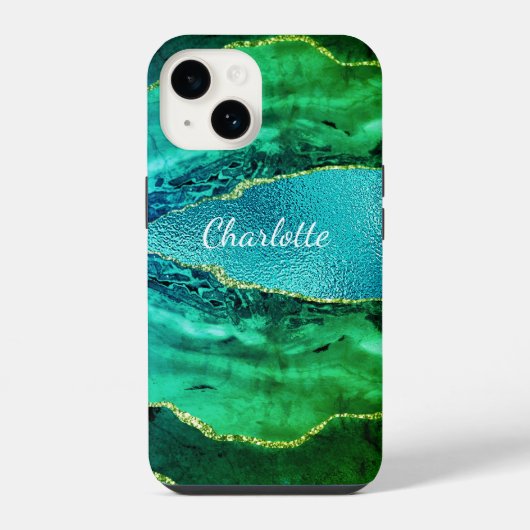Coque Pour iPhone 14 Émeraude vert bleu agate nom de marbre (Verso)