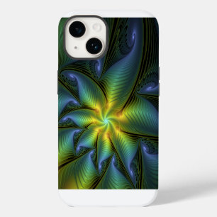 Coque Pour iPhone 14 Étoile abstraite, art fractal doré bleu vert brill