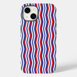Coque Pour iPhone 14 Étoiles et Rayures Chevron Rouge Blanc et Bleu