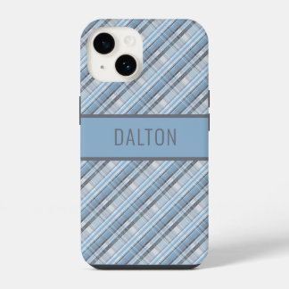Coque Pour iPhone 14 Étui de téléphone à carreaux bleu personnalisé