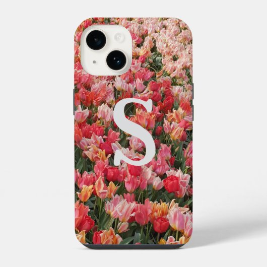 Coque Pour iPhone 14 Étui iPhone Fleur de Tulipe Rose Monogramme (Verso)