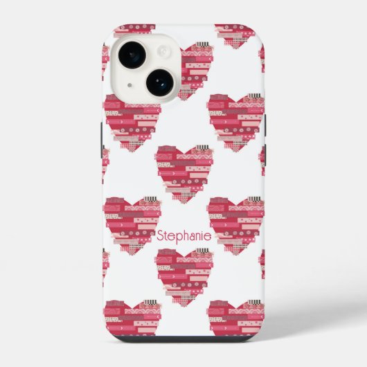 Coque Pour iPhone 14 Étui pour téléphone à coeurs patchwork rose (Verso)