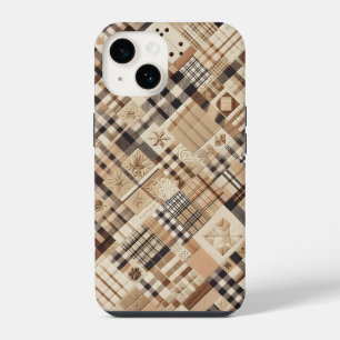 Coque Pour iPhone 14 Étui téléphone carreaux beige et marron neutre - s