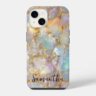 Coque Pour iPhone 14 Faux Opale Minéral Pierre Précieuse Or Moderne