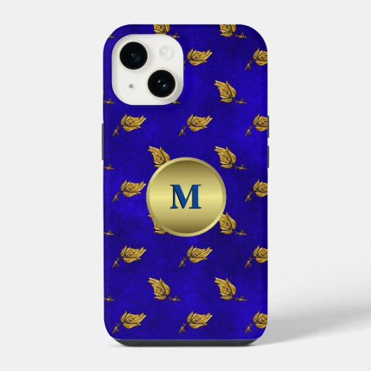 Coque Pour iPhone 14 Feuilles dorées sur velours bleu monogrammé (Verso)