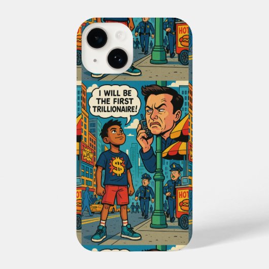 Coque Pour iPhone 14 First Trillionaire" Motivational Comic-Style (Verso)