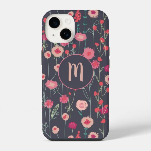 Coque Pour iPhone 14 Fleurs monogramme noir rose (Verso)