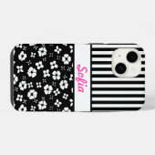 Coque Pour iPhone 14 Fleurs/Rayes en Noir/Blanc avec Monogramme (Verso Horizontal)