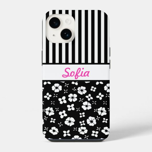 Coque Pour iPhone 14 Fleurs/Rayes en Noir/Blanc avec Monogramme (Verso)