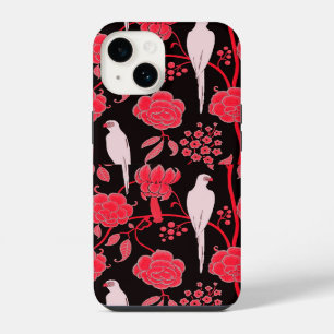 COQUE POUR iPhone 14 FLEURS ROUGES ART DÉCO, PIROTS BLANCS EN NOIR