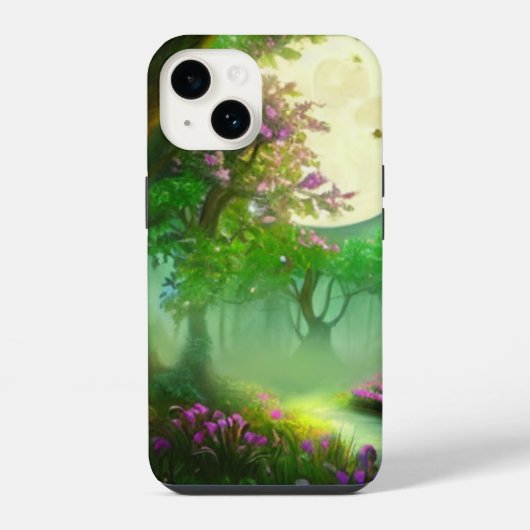 Coque Pour iPhone 14 Forêt verte et pleine lune (Verso)