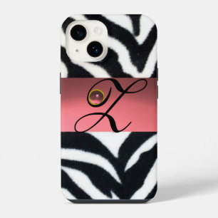 COQUE POUR iPhone 14 FOURRURE DE ZÈBRE NOIR BLANC AVEC MONOGRAMME GEMME