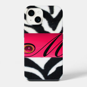 COQUE POUR iPhone 14 FOURRURE DE ZÈBRE NOIR BLANC AVEC MONOGRAMME GEMME