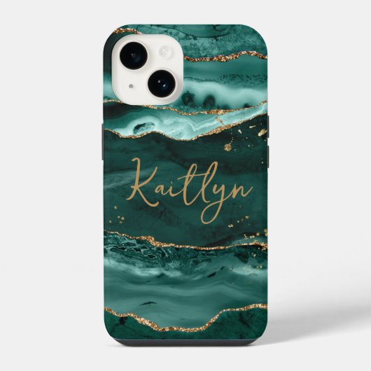 Coque Pour iPhone 14 Géode d'agate turquoise Nom en écriture dorée pail (Verso)