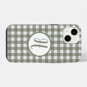 Coque Pour iPhone 14 Gingham Monogramme Initiale Cercle Vert Sauge Véri (Verso Horizontal)