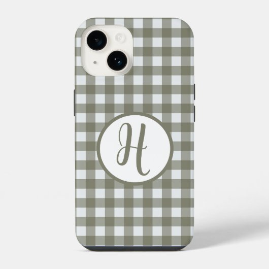 Coque Pour iPhone 14 Gingham Monogramme Initiale Cercle Vert Sauge Véri (Verso)