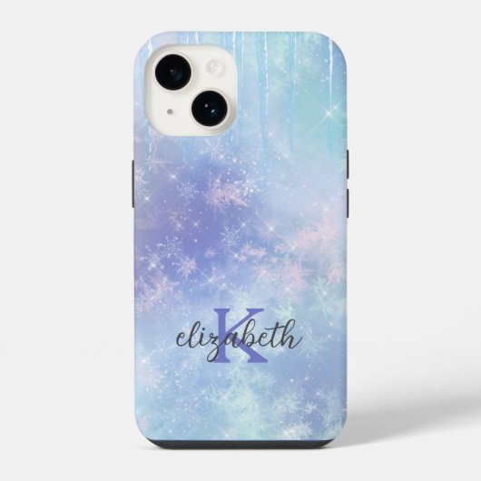 Coque Pour iPhone 14 Glaçons Monogramme Flocons de Neige Bleu Violet Te (Verso)
