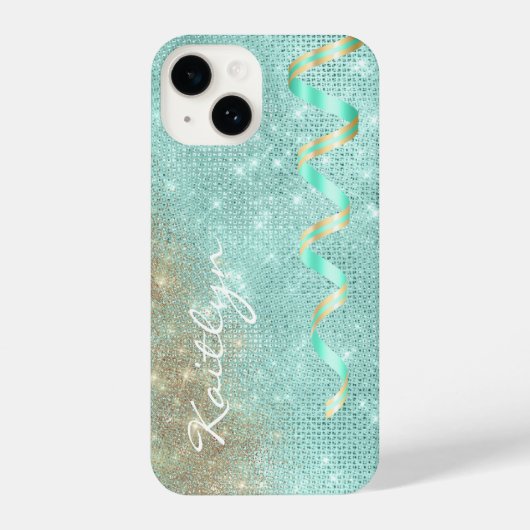 Coque Pour iPhone 14 Glam à ruban bleu étincelle Aqua (Verso)