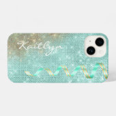 Coque Pour iPhone 14 Glam à ruban bleu étincelle Aqua (Verso Horizontal)