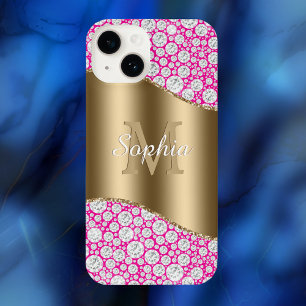 Coque Pour iPhone 14 Glam Diamonds Fuchsia, Monogramme Or, Nom du scrip