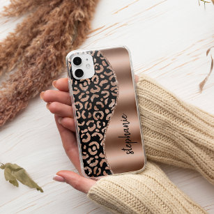 Coque Pour iPhone 14 Glam Leopard Spots Rose Gold Black Metallic Nom