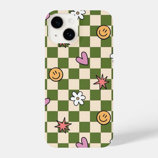 Coque Pour iPhone 14 Green Checkerboard Aesthetic Phone Case (Verso)